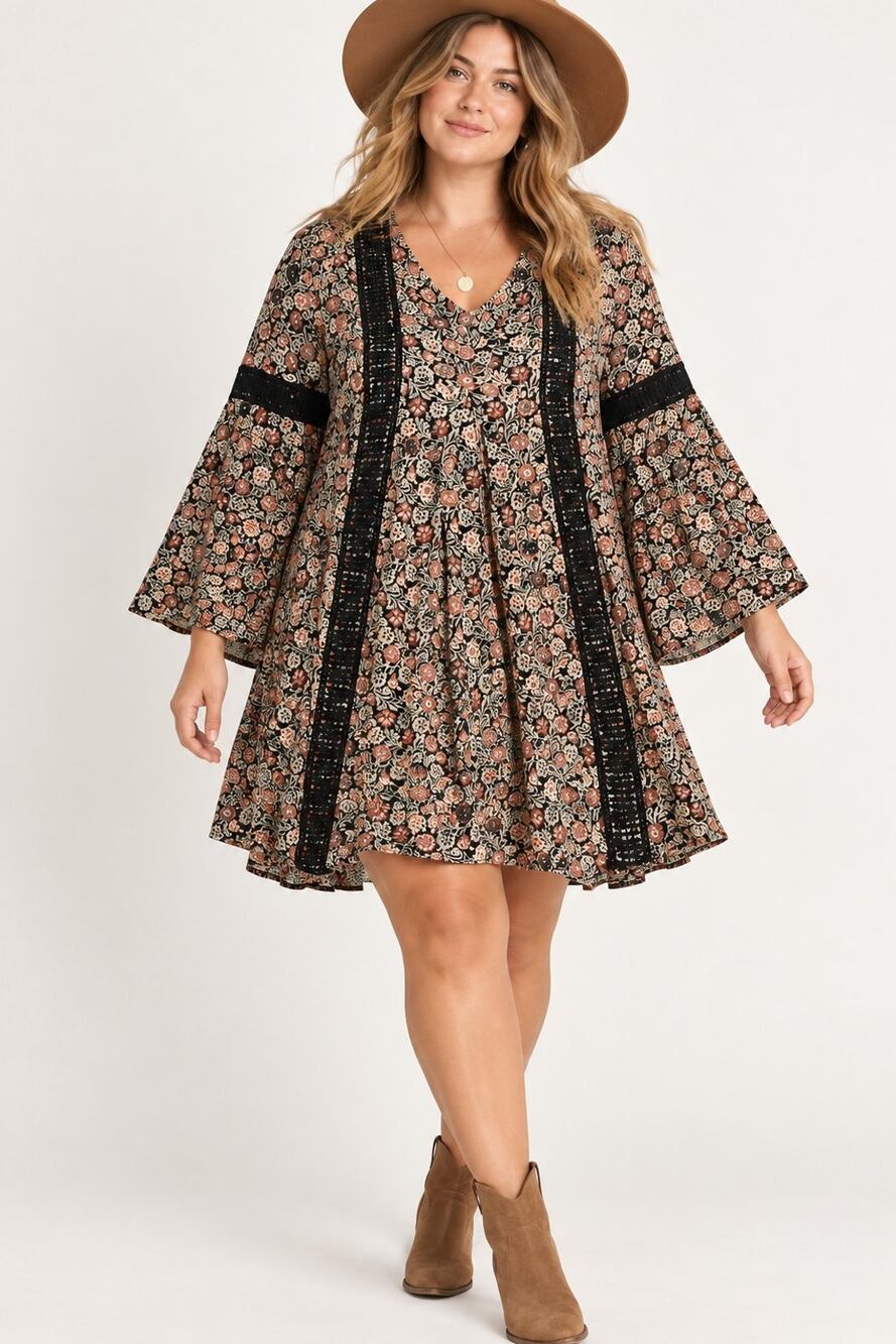 Knox Rose XXL Floral Boho Mini Dress Bell Sleeve Crochet Lace Peasant Tunic